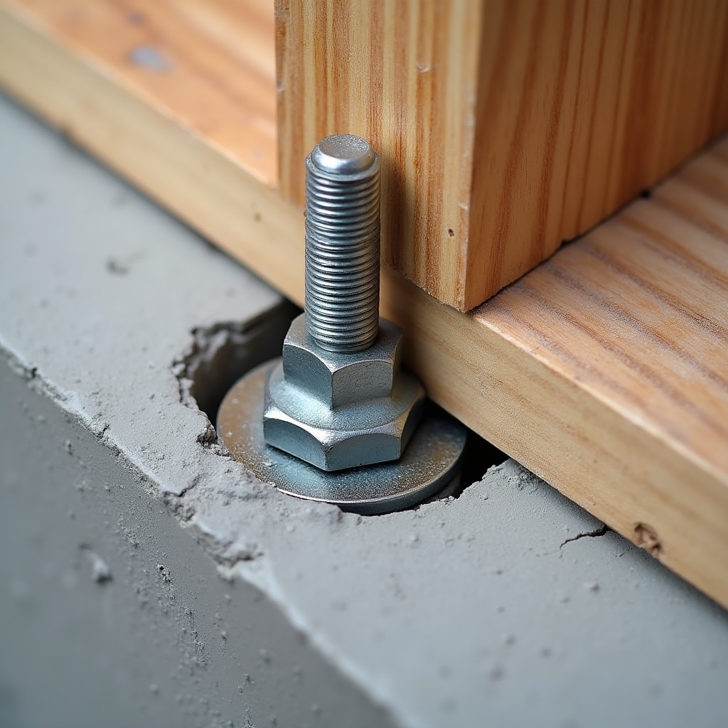 Primer plano de perno de anclaje empotrado en fundación de hormigón con varilla roscada extendiéndose hacia arriba, arandela metálica y tuerca asegurando solera de madera, mostrando profundidad y espaciamiento adecuados de instalación para anclaje sísmico