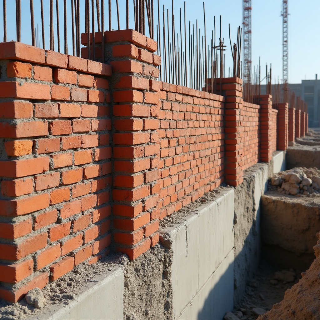 Construcción de albañilería confinada mostrando muro de ladrillo rodeado por columnas y vigas de hormigón armado, con refuerzo de acero visible y detalles de conexión adecuados para resistencia sísmica