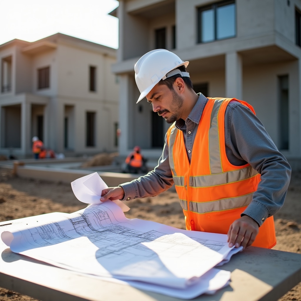 Construction supervisor reviewing structural plans at active building site with partially completed reinforced concrete frame visible in background, wearing hard hat and safety vest