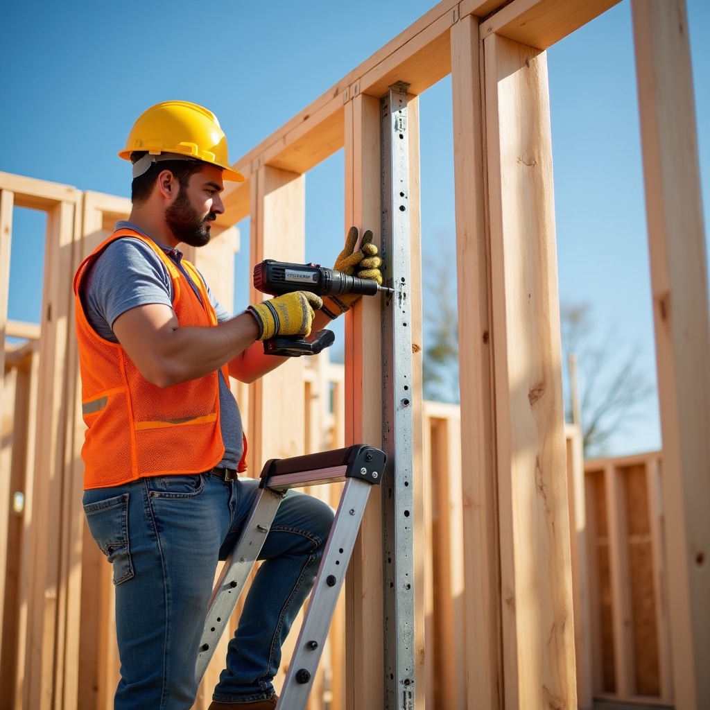 Construction worker installing diagonal steel bracing in residential building frame, demonstrating proper angle and connection technique for seismic lateral force resistance
