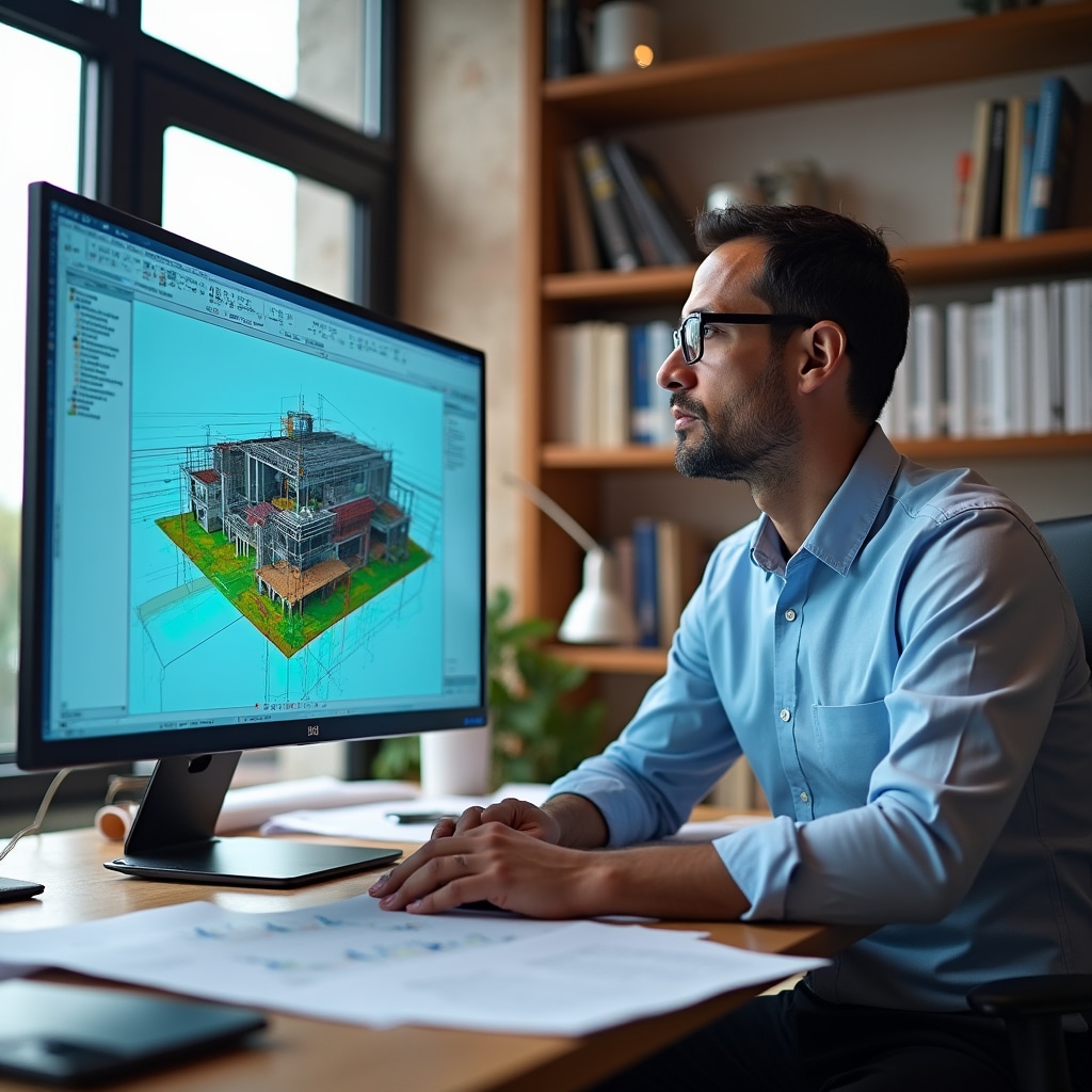 Structural engineer in professional office reviewing seismic analysis data on computer screen, with building plans and technical documentation visible on desk