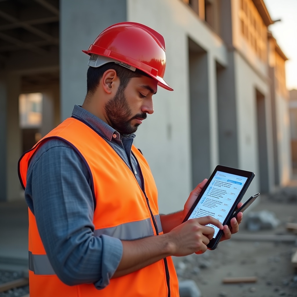 Construction supervisor using tablet to review digital inspection checklist at building site, comparing actual construction details against quality control requirements with structural framework visible in background