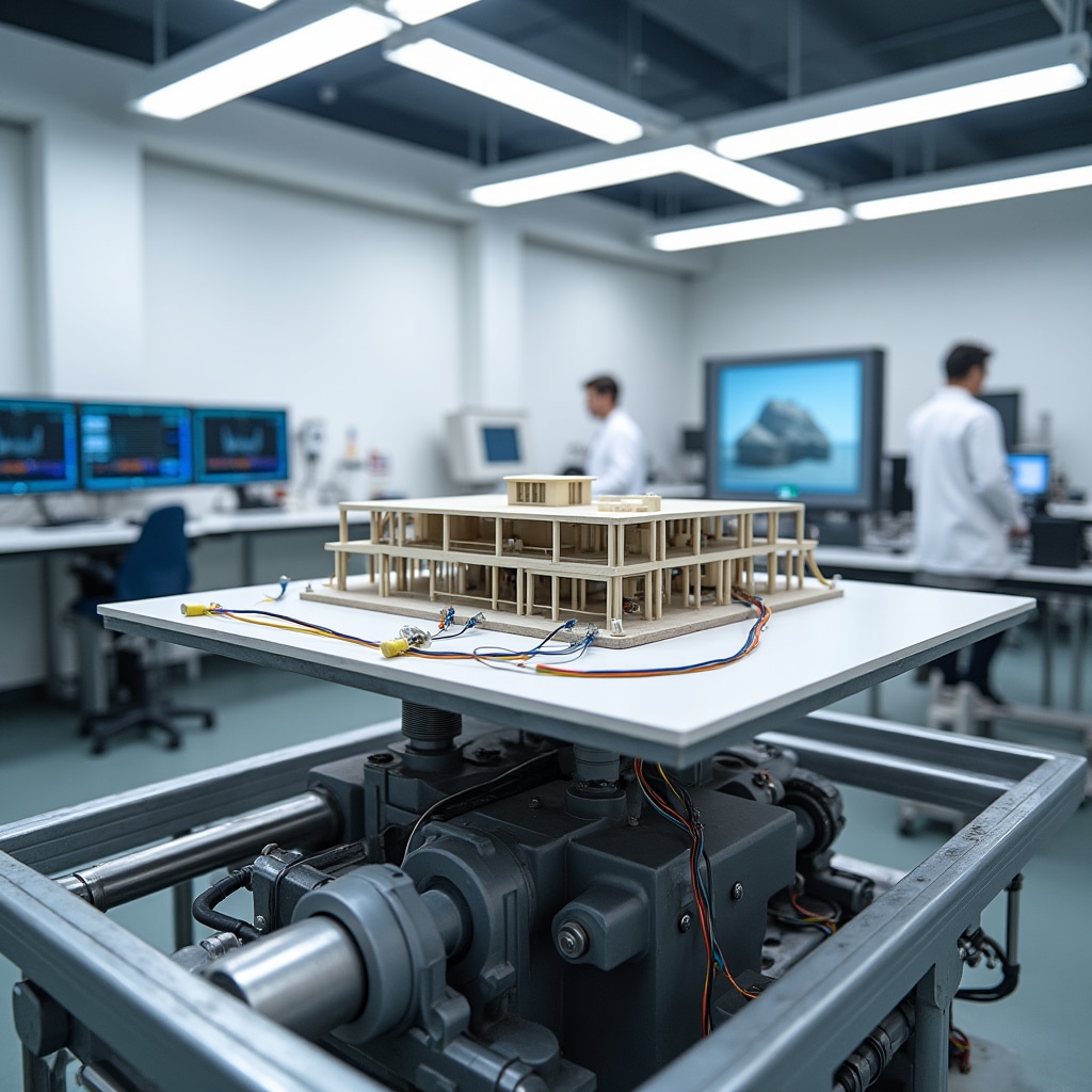 Structural engineering laboratory with shake table testing equipment, hydraulic actuators, and data monitoring systems for seismic performance analysis of building components