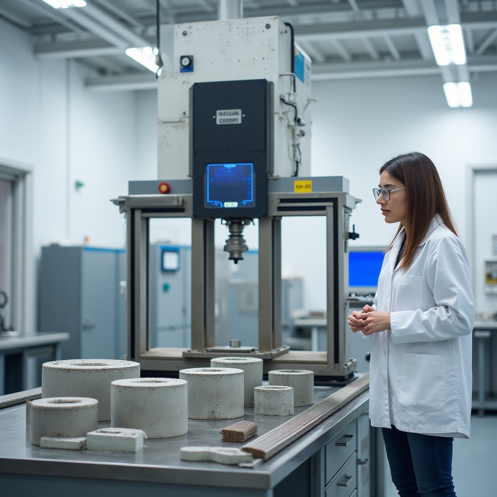 Materials testing laboratory showing concrete cylinder compression test machine, steel reinforcement samples, and quality control equipment used for construction material verification