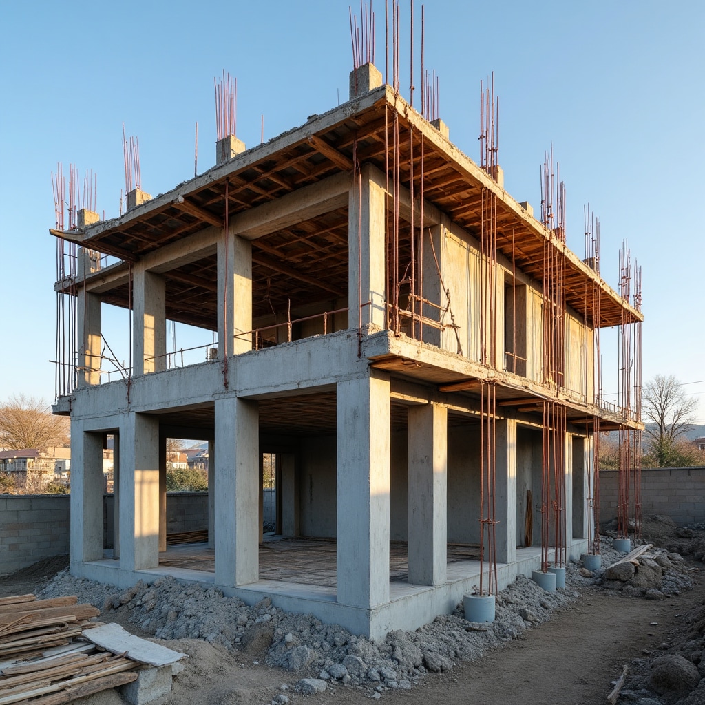 Reinforced concrete structural framework showing proper seismic reinforcement with steel rebar and confined masonry construction techniques in residential building