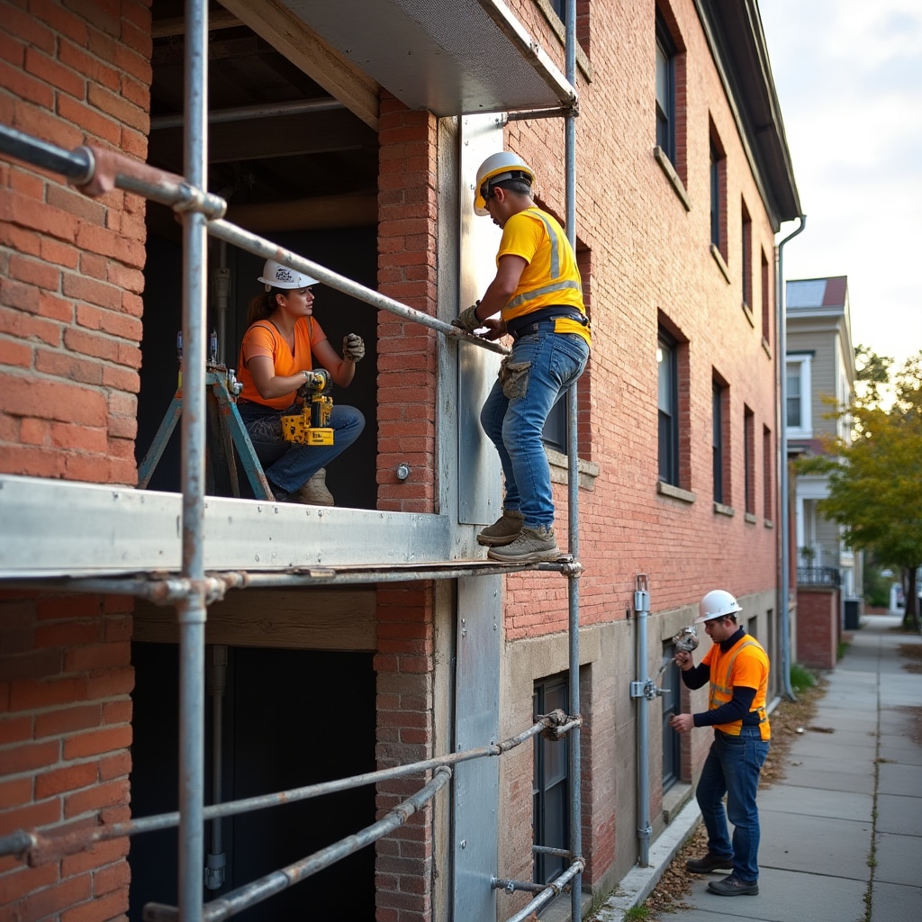 Trabajadores de construcción instalando placas de refuerzo de acero y pernos de anclaje en muro de albañilería existente para reforzamiento sísmico, con ladrillo expuesto y nuevos elementos estructurales de acero siendo agregados para mejorar resistencia a terremotos