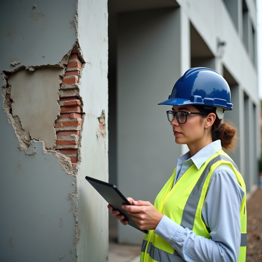 Structural engineer in hard hat documenting earthquake damage to building, taking notes and photographs of cracked concrete columns and damaged structural elements for post-event analysis