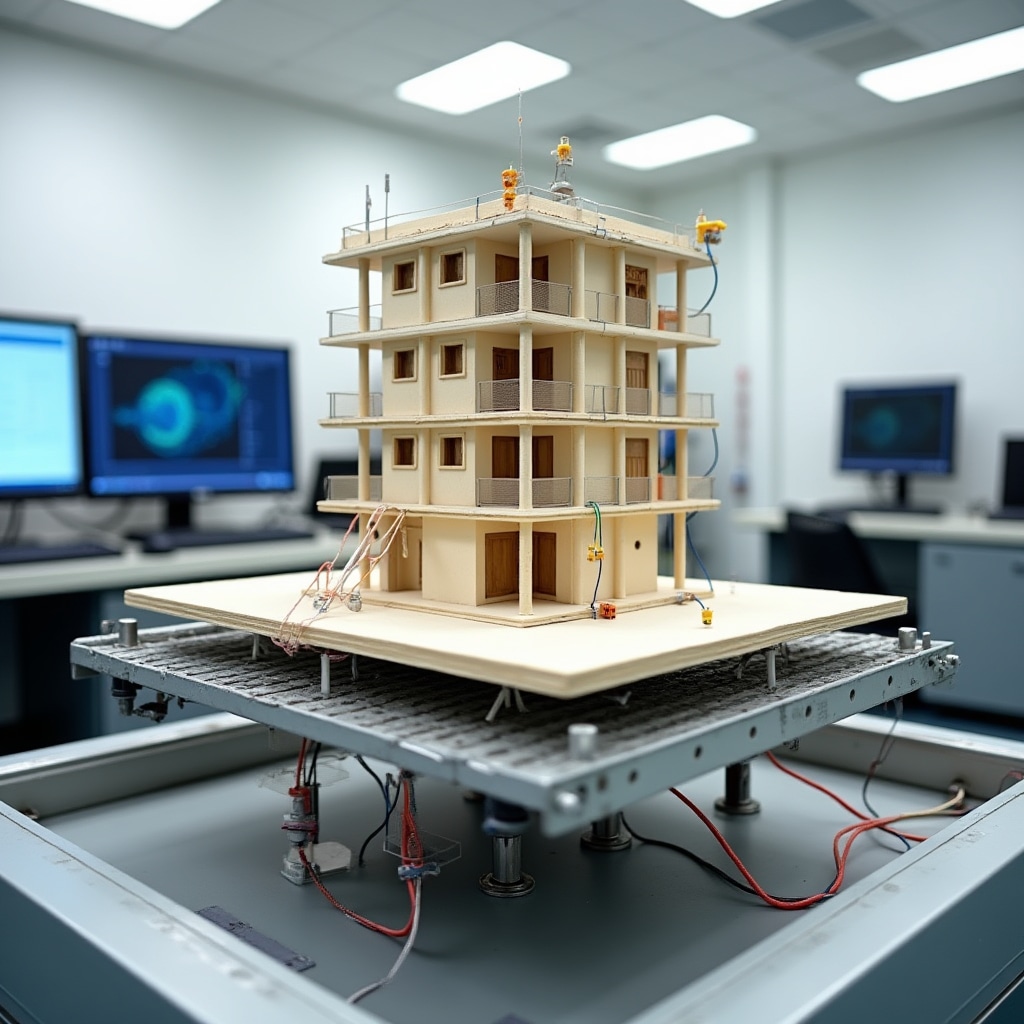 Structural model mounted on laboratory shake table during seismic testing, with hydraulic actuators visible beneath platform and instrumentation sensors attached to building model measuring displacement and acceleration during simulated earthquake motion