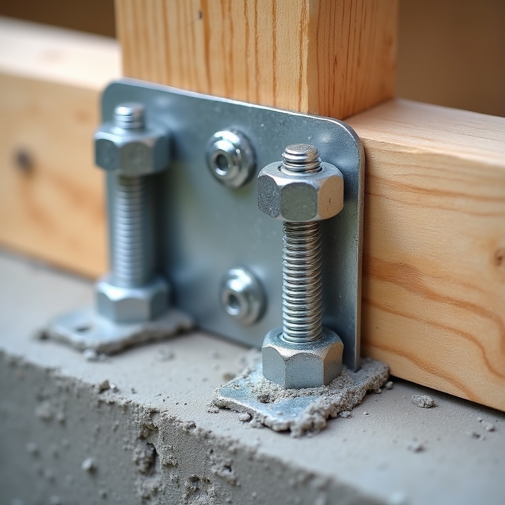 Close-up detail of steel connection plate with anchor bolts securing wooden beam to concrete foundation, showing proper seismic engineering connection methodology