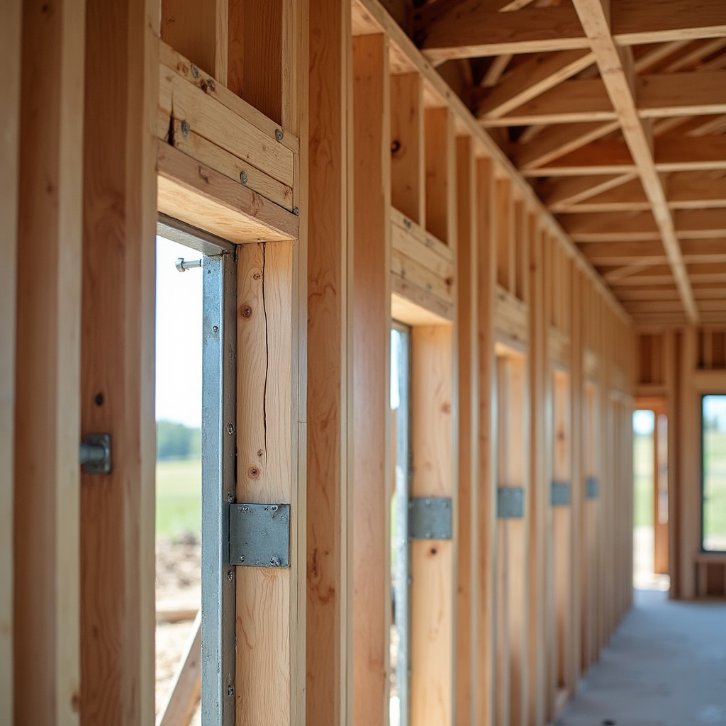 Construcción de marco de madera mostrando miembros de arriostramiento diagonal instalados en ángulos de 45 grados entre montantes verticales y placas horizontales, con placas de conexión metálicas en juntas para resistencia de fuerza lateral